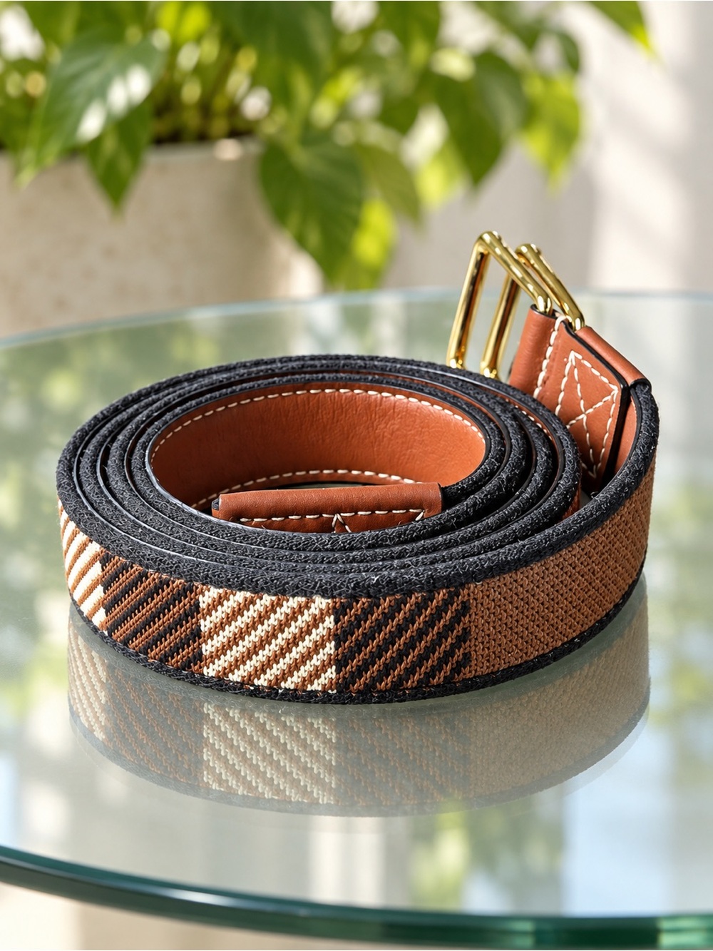 Burberry Brown Black Tan Plaid Webbing Belt with Gold Buckle